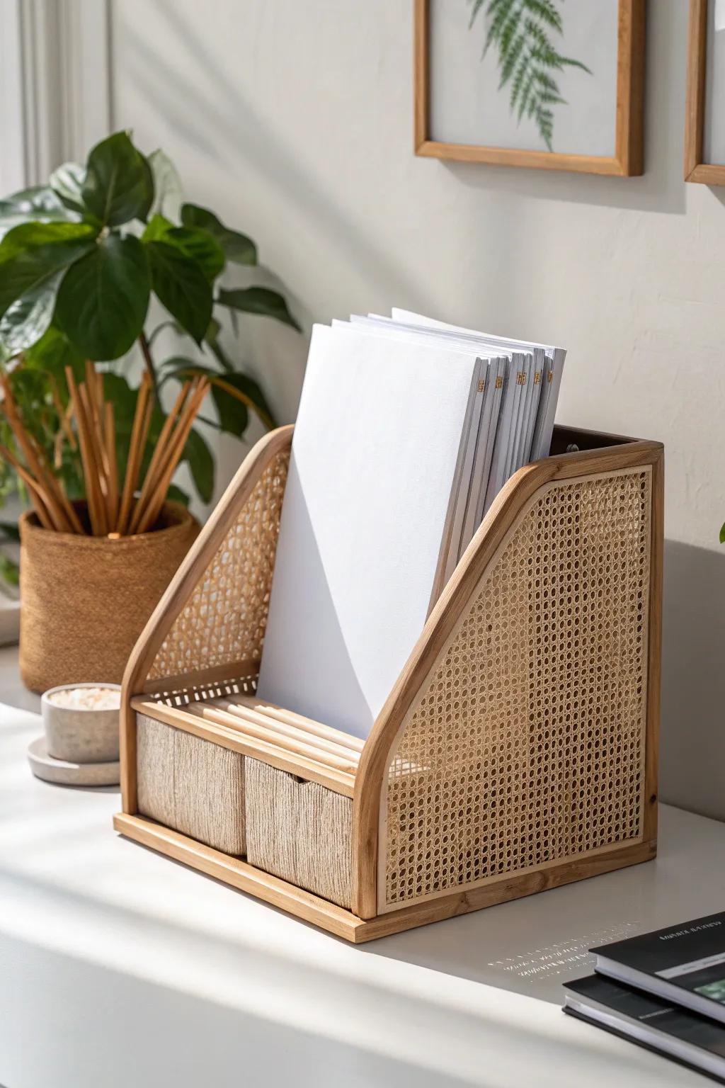Tame active projects with a slim vertical file slot—studio-calm desk, zero paper chaos.