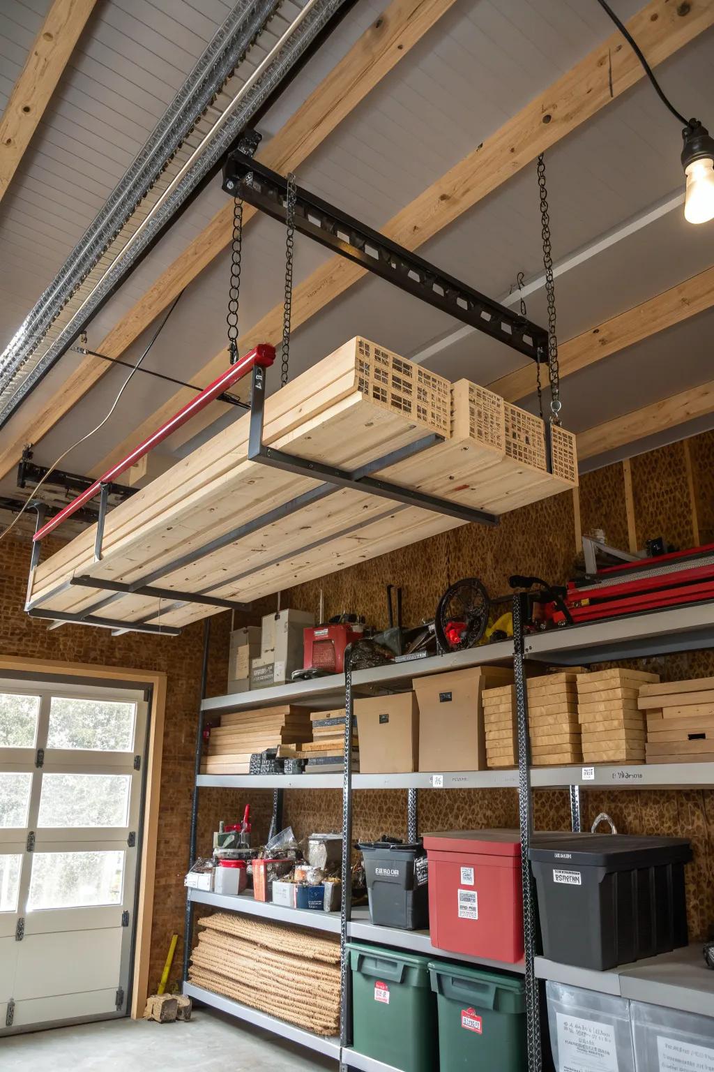 Maximize your workshop space with stylish ceiling storage solutions.