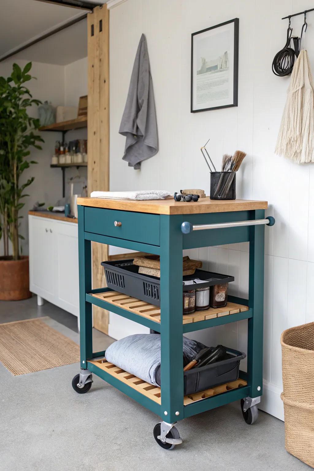 Slim rolling tool cart: bring tools to your project, then tuck it under the bench in seconds.