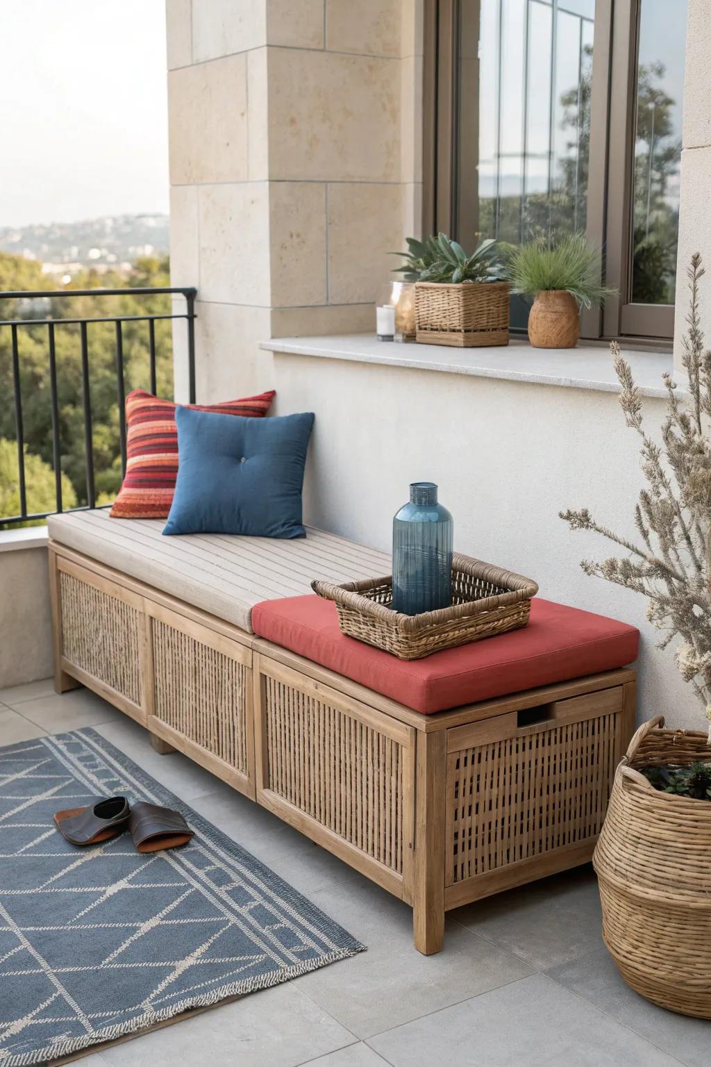 A sleek storage bench turns a long wraparound balcony wall into seating + hidden space.