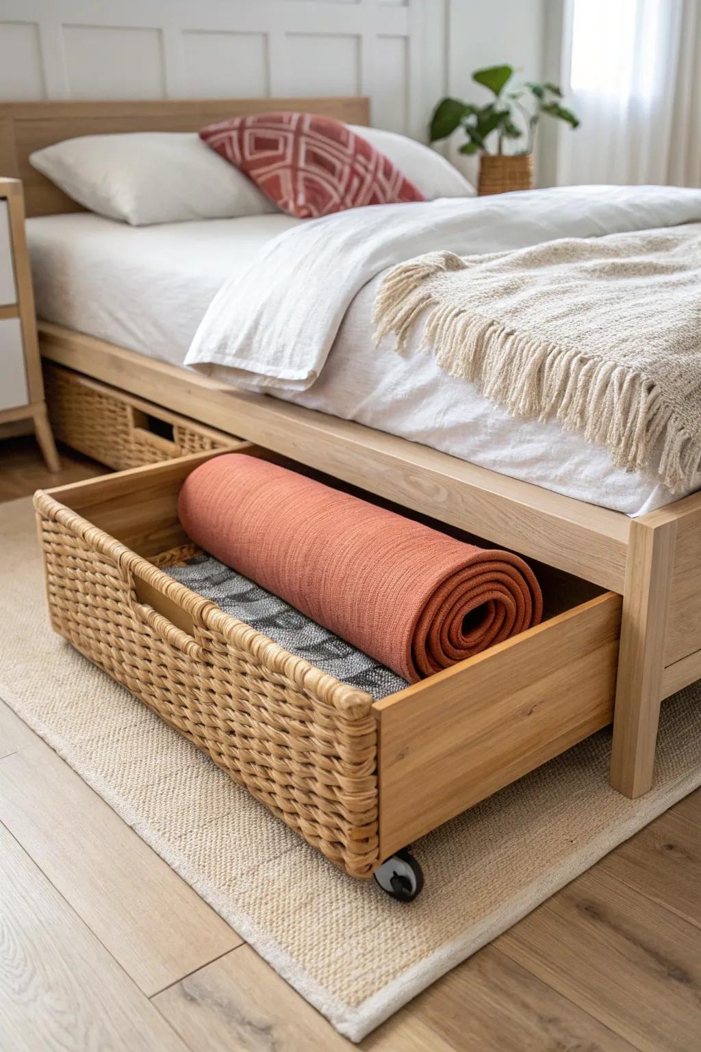 Hidden yet easy: a rolling under-bed bin keeps your yoga mat tidy and ready in seconds.