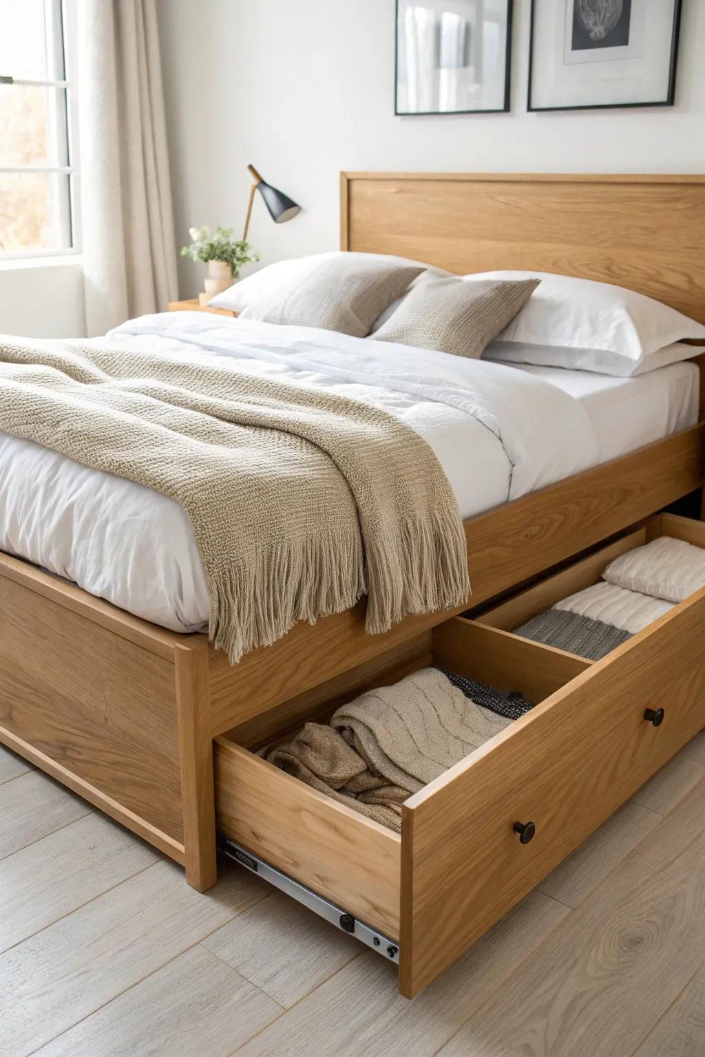 Minimalist storage bed: hide extra linens under the frame and keep your small bedroom calm.