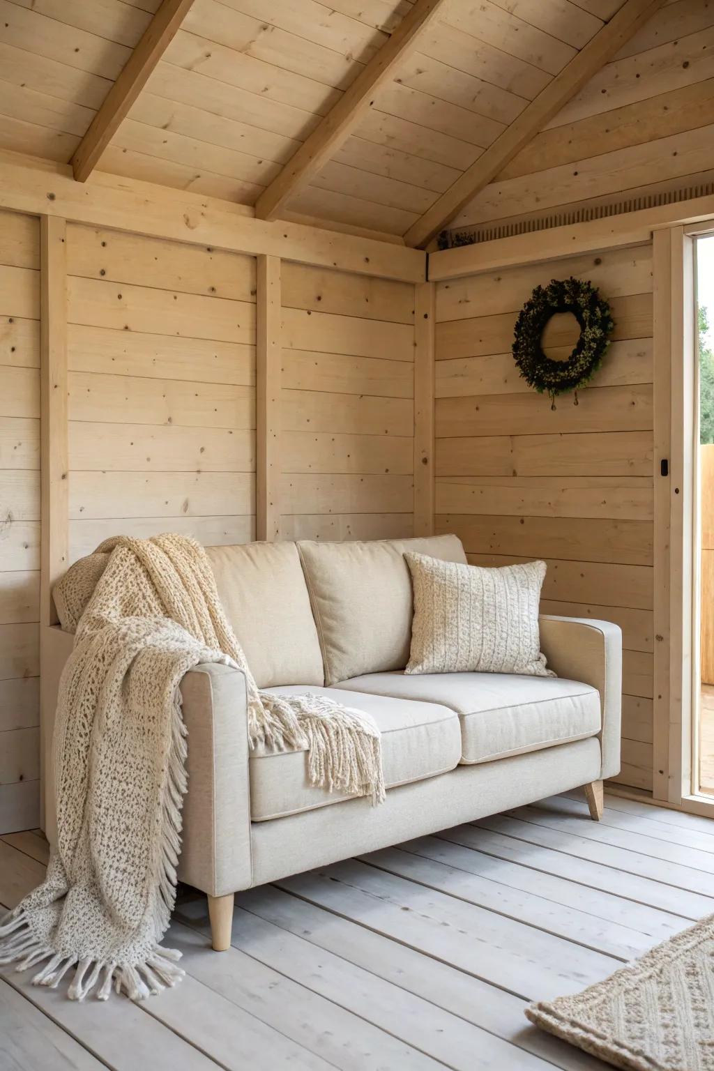 A soft-textile loveseat moment for a cozy 10x16 she-shed lounge—simple, warm, and serene.