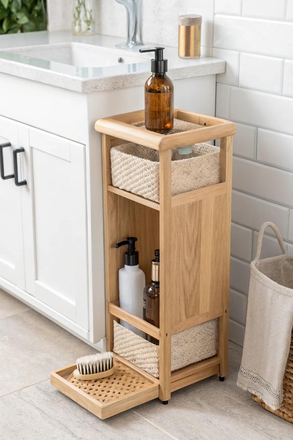 A slim pull-out panel hides cleaning essentials in that 5-inch vanity gap—neat and easy.