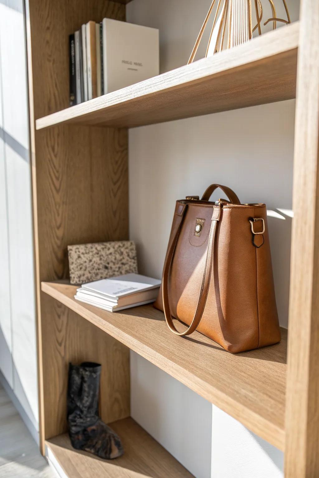 A slim oak shelf divider keeps handbags upright like books—perfect for tiny closets.