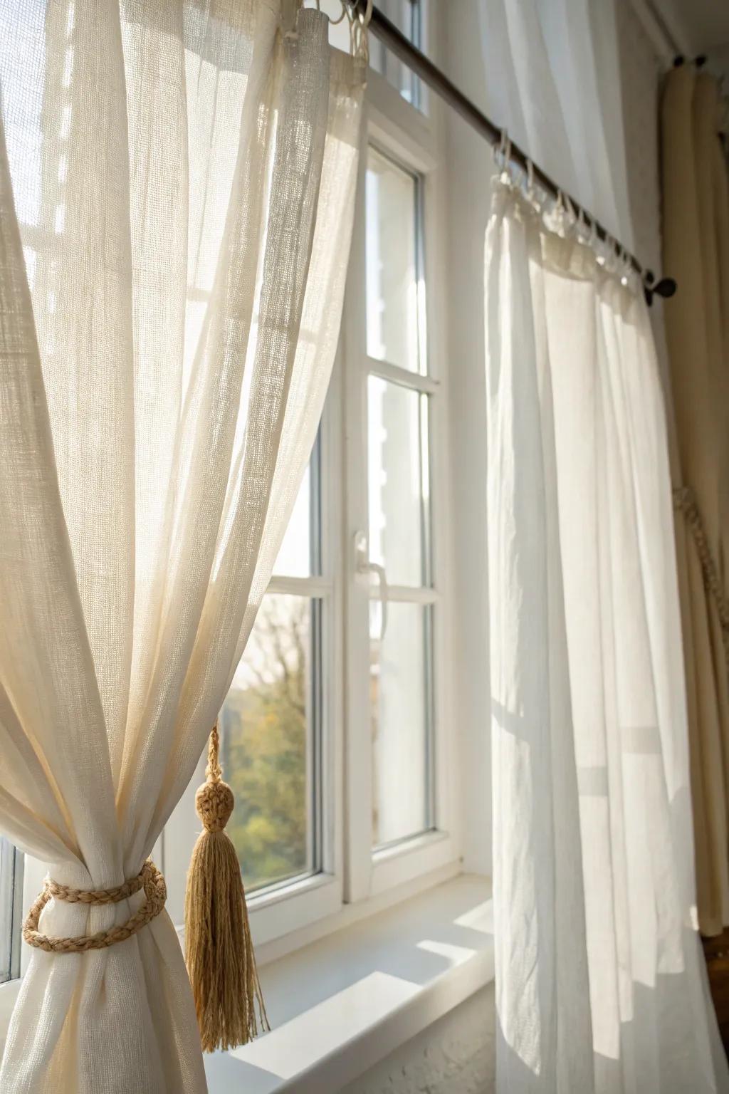 Sheer curtains on a tension rod turn harsh dorm light into a soft, dreamy glow.