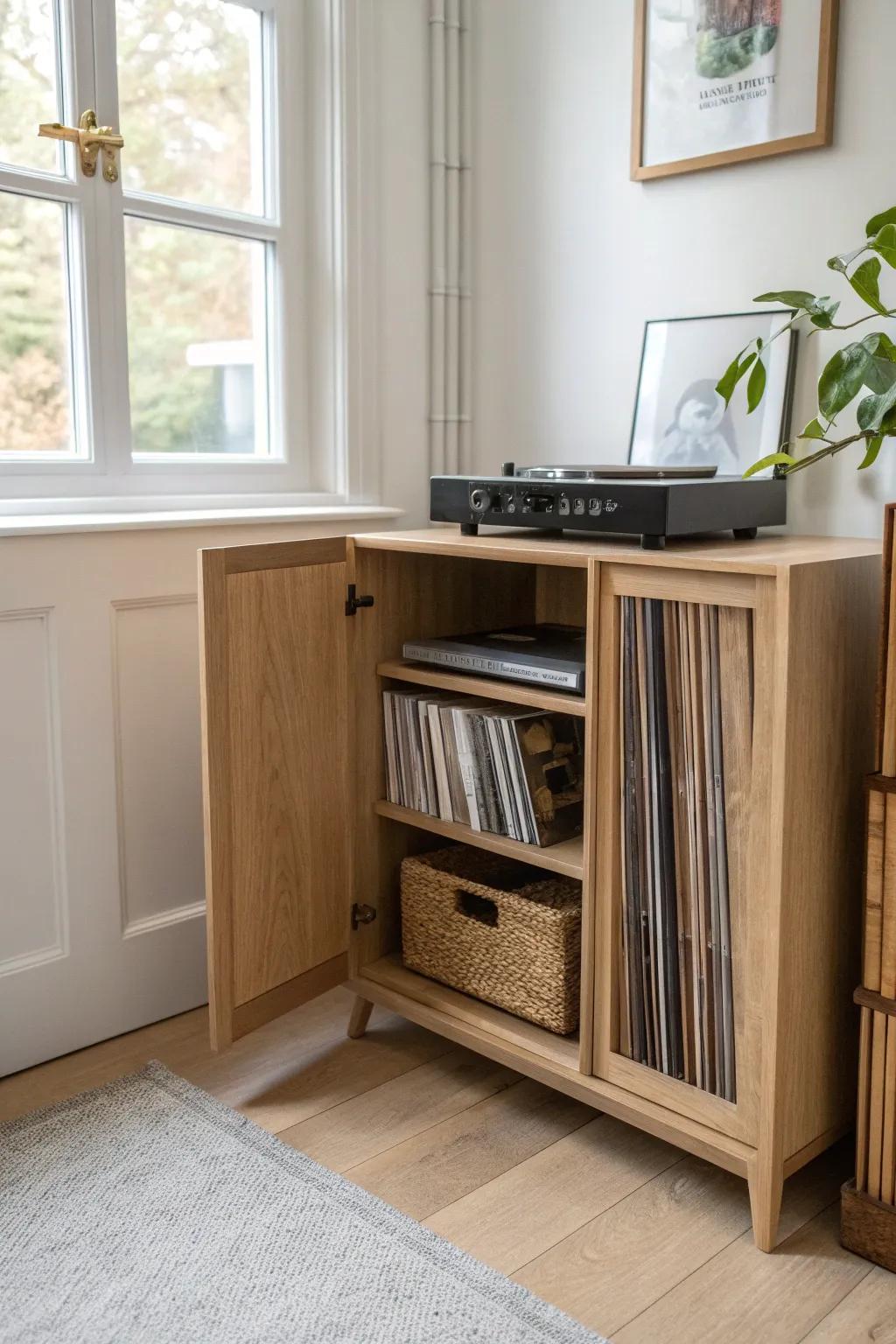 Deep cabinet + oak dividers keep LPs perfectly upright—sleek, hidden storage you’ll love.