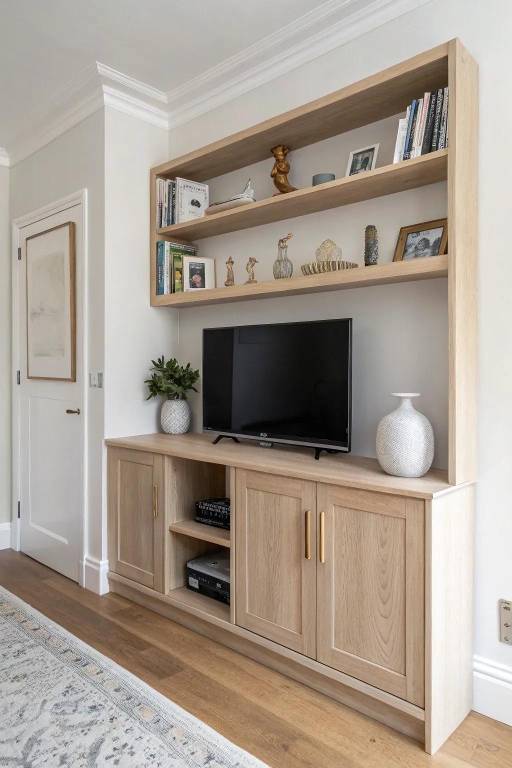Built‑in alcove shelves frame the TV with warm oak, hidden storage, and airy styling.