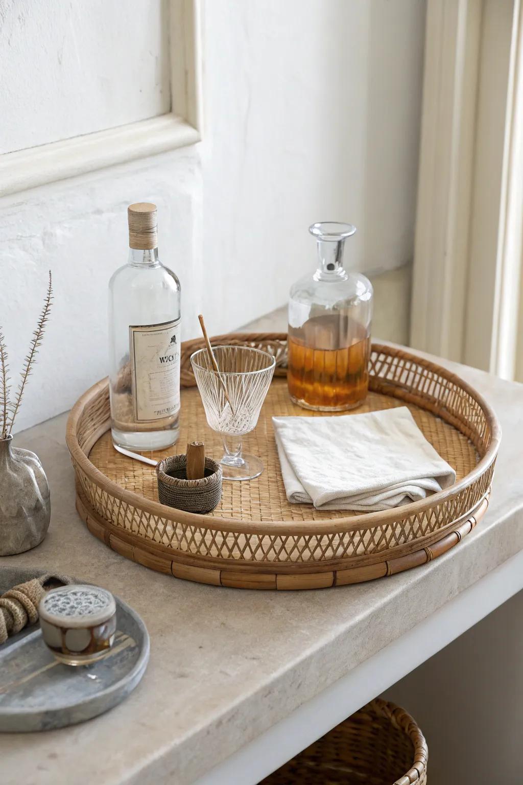 One beautiful tray turns a tiny shelf into a chic, functional cocktail corner.