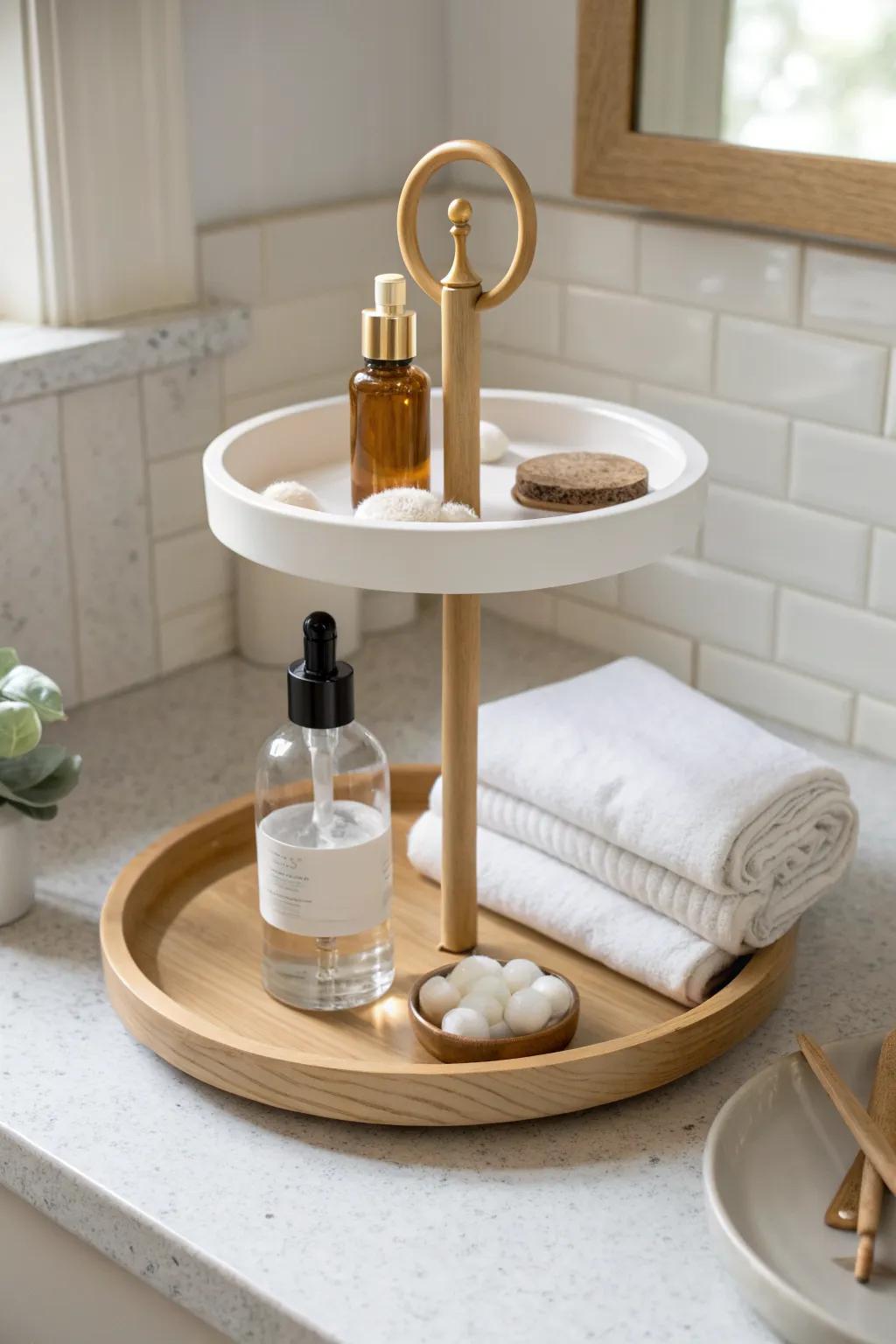 A chic tiered tray stacks skincare vertically—tiny counter, calm and clutter-free.