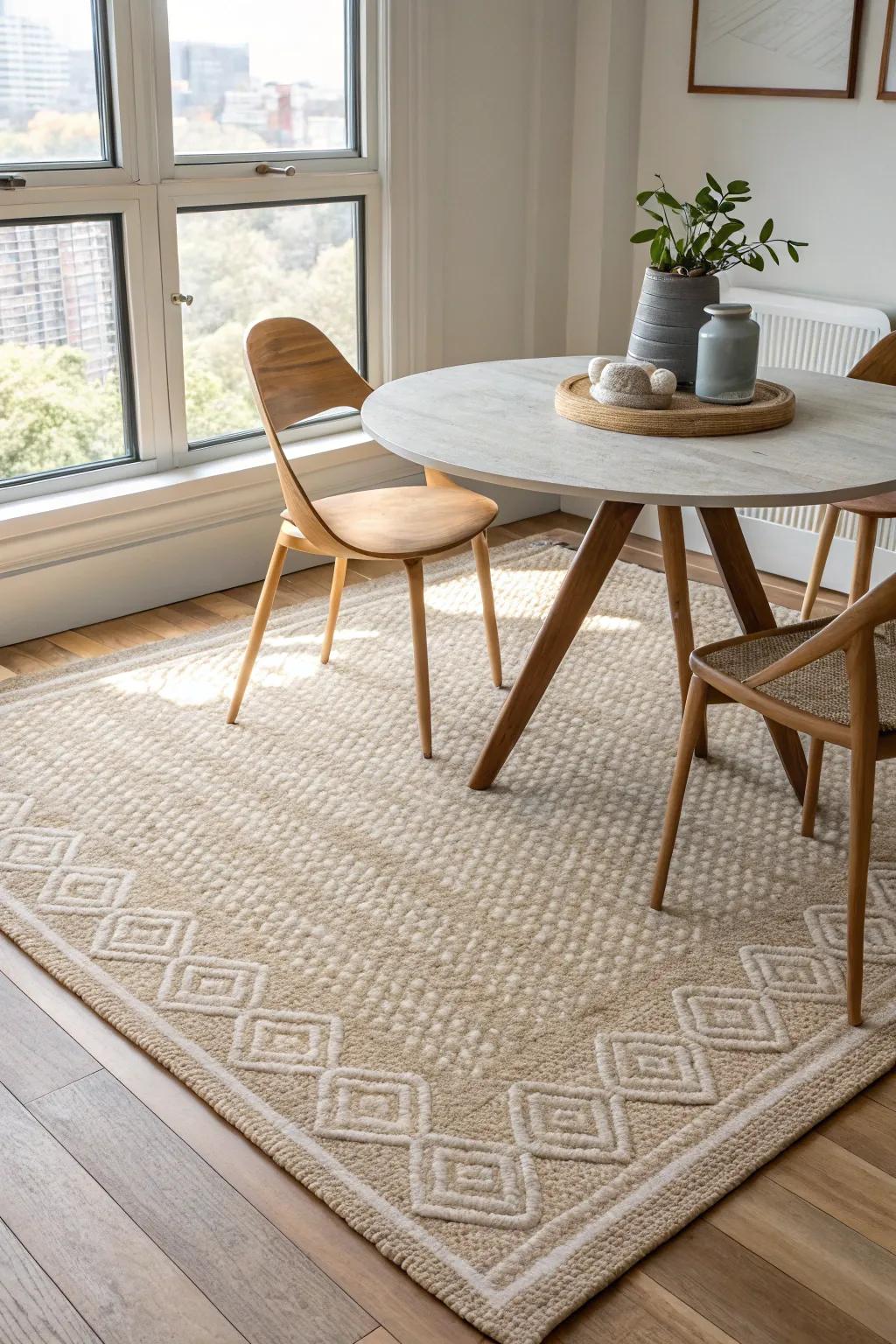 A woven rug defines your dining spot and keeps chairs gliding smoothly in small spaces.