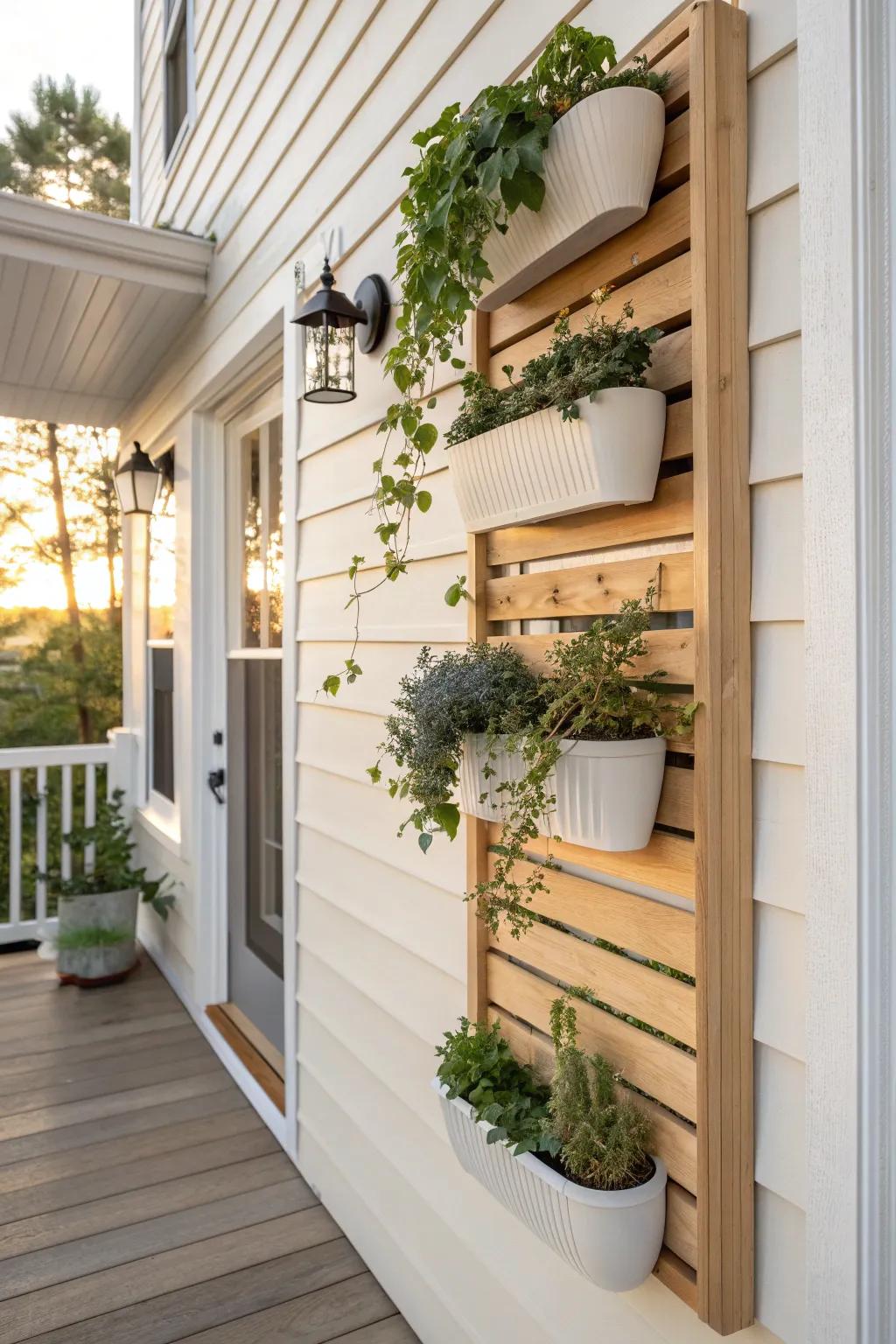Go vertical: a slim garden wall that turns a tiny apartment porch into a lush entry moment.