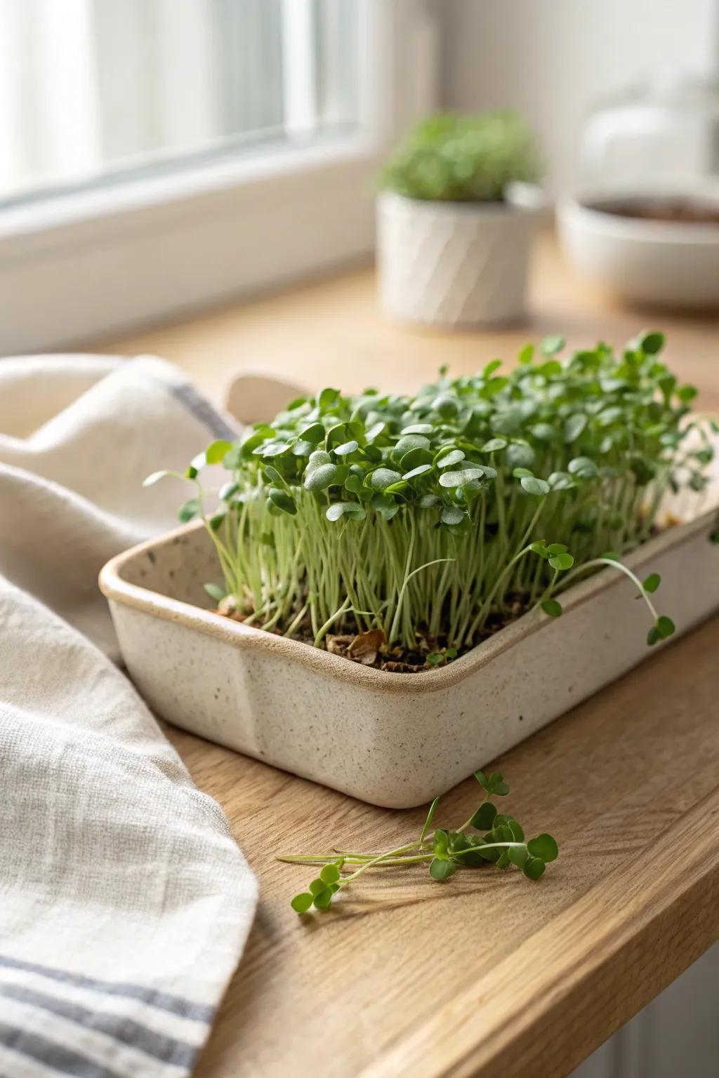 A simple counter tray of microgreens—fresh harvest vibes in just a couple of weeks.