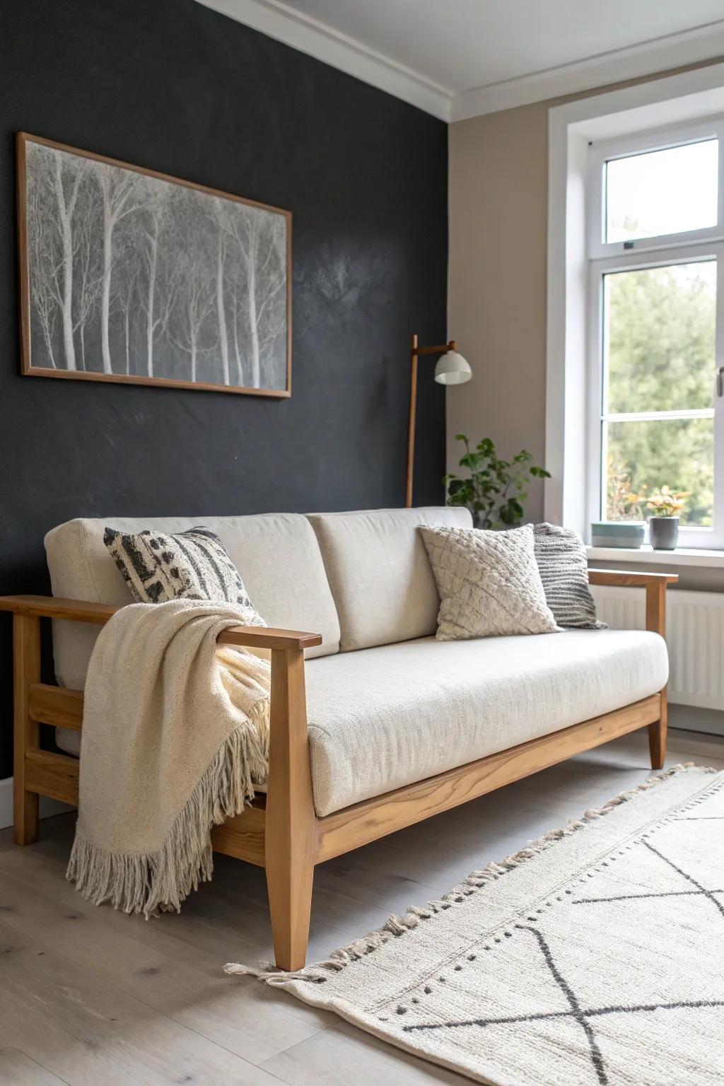 Charcoal accent wall behind a light sofa—instant definition without shrinking a small space.