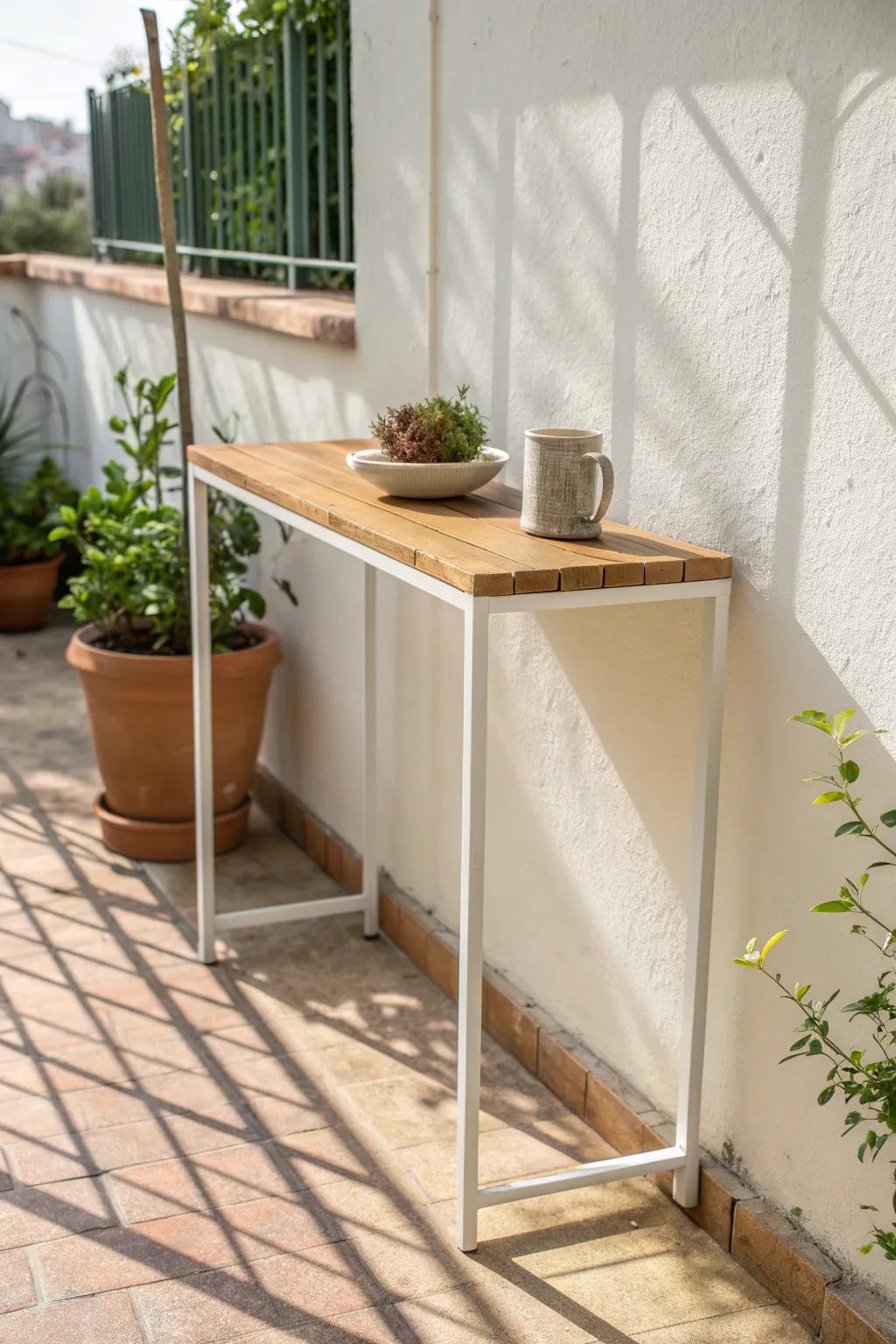 Slim outdoor console table along the wall—adds surface space without stealing patio depth.