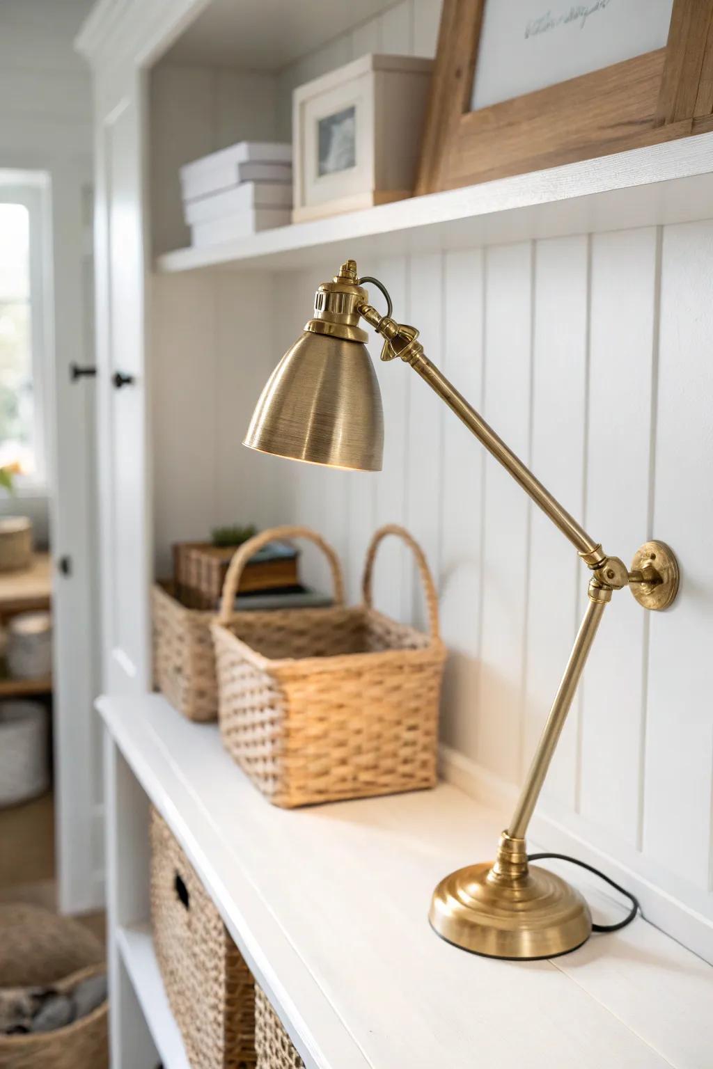 Turn a closet into a work nook: one gorgeous swing‑arm lamp makes the micro office feel real.