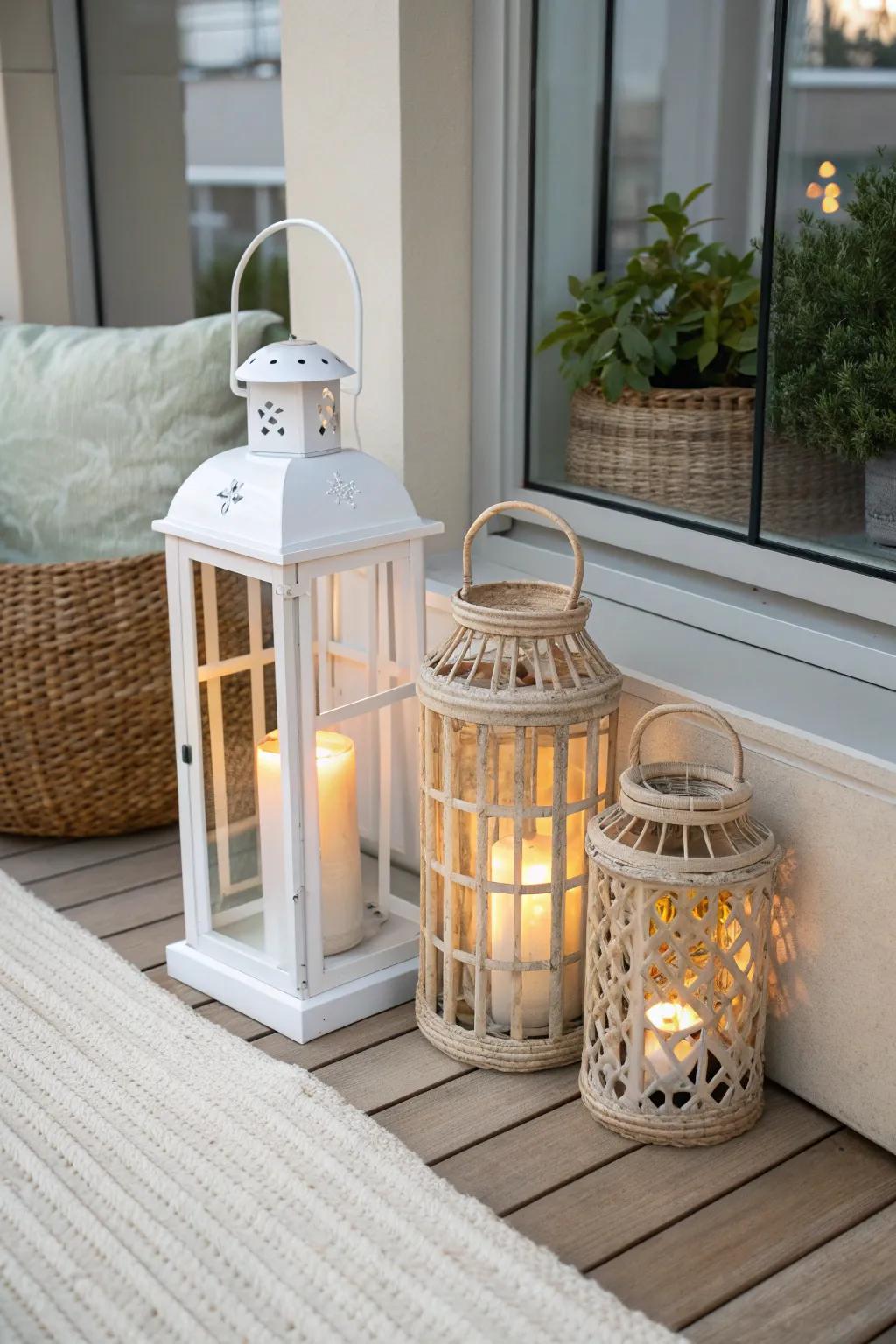 No table? Add a cozy floor lantern cluster to turn a tiny balcony corner into a mood spot.