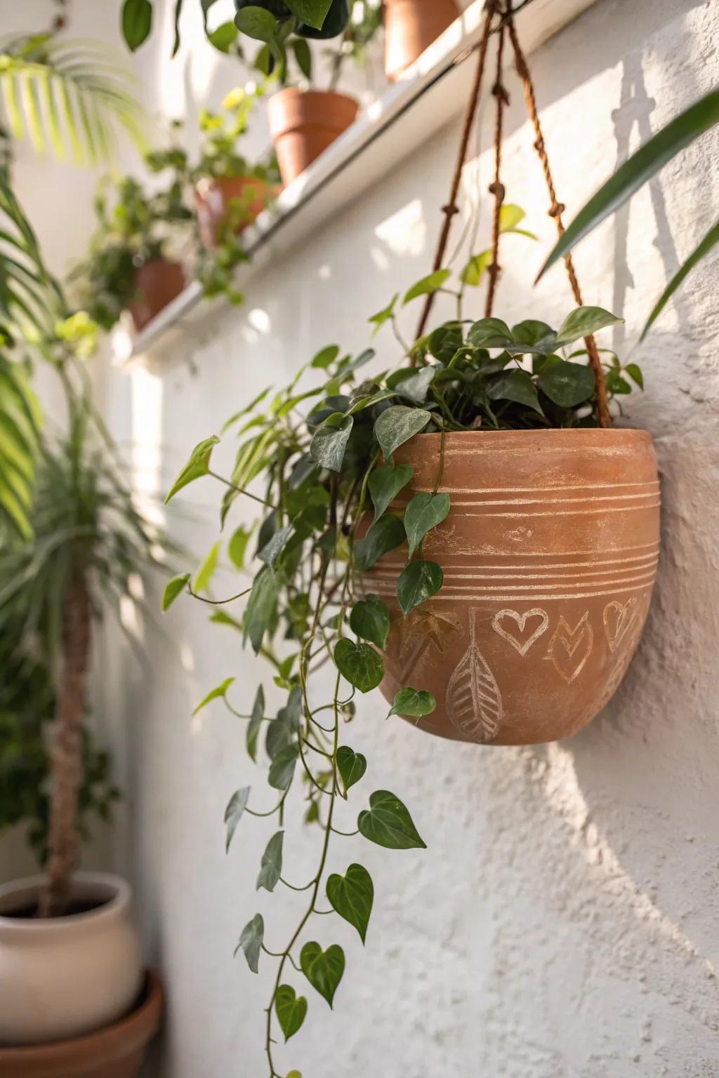 Handcrafted wall planter with trailing greenery—fresh vertical decor for tiny apartments.