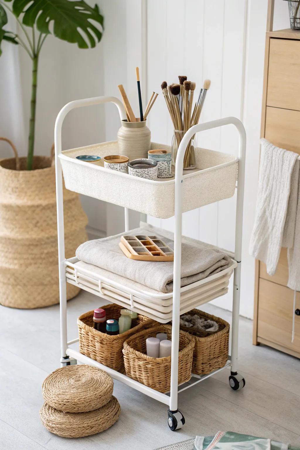 A chic rolling supply cart keeps art tools sorted by tier—and tucks away in tiny spaces.