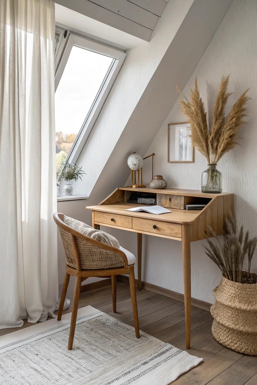 A compact oak desk tucked into a dormer turns attic daylight into a luxe work nook.