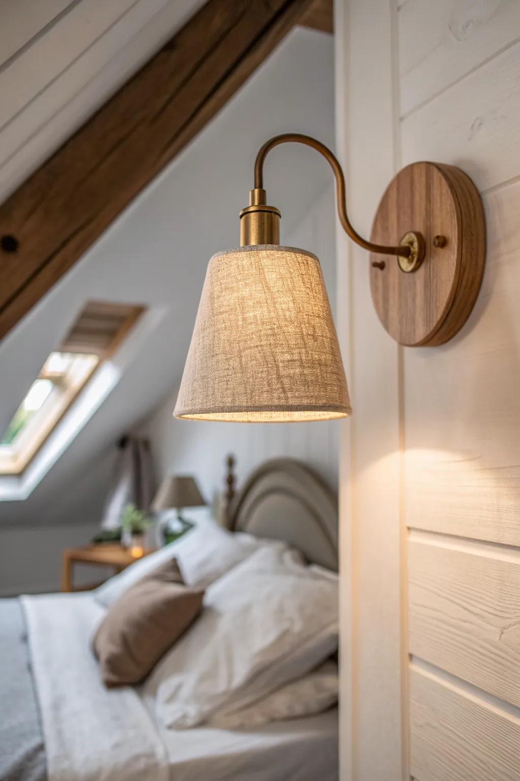Free up tiny nightstands—add a warm, handcrafted wall sconce for cozy attic loft lighting.