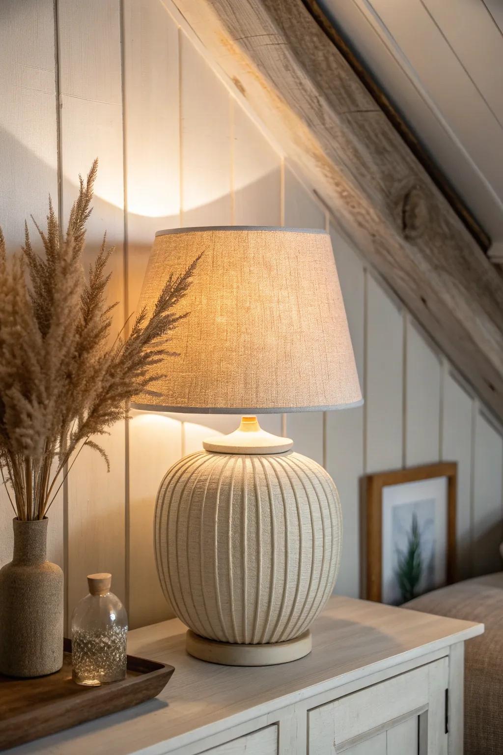 Layered attic lighting: a warm ceramic lamp glow that turns a dark corner into a cozy nook.