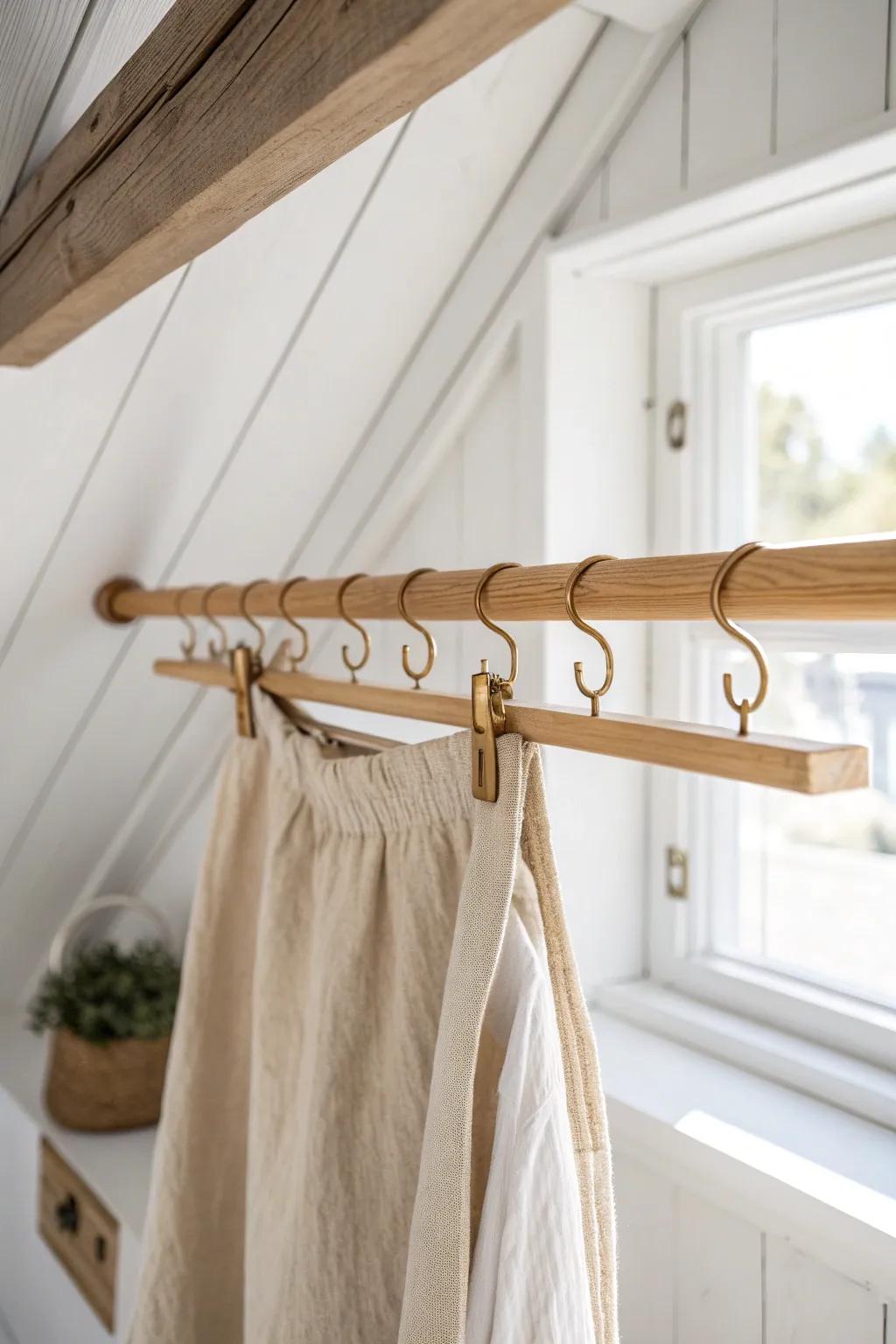 Use the attic’s trusses: a simple hanging rod keeps bulky coats tidy and off the floor.