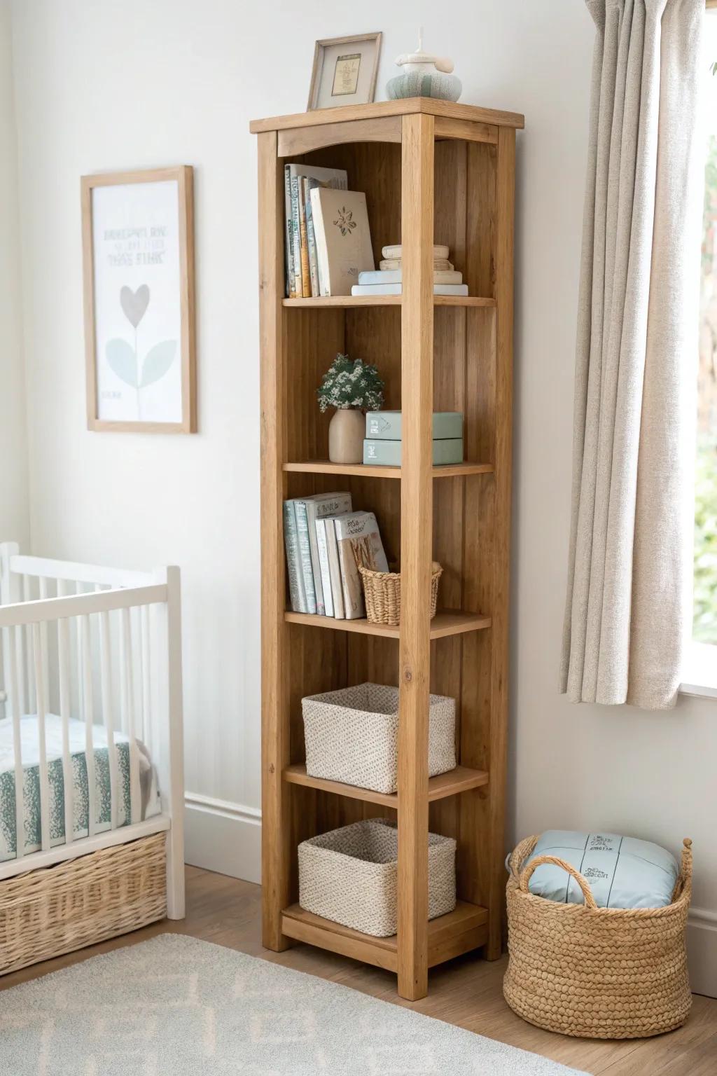 A tall, slim book tower adds nursery storage without stealing precious floor space.