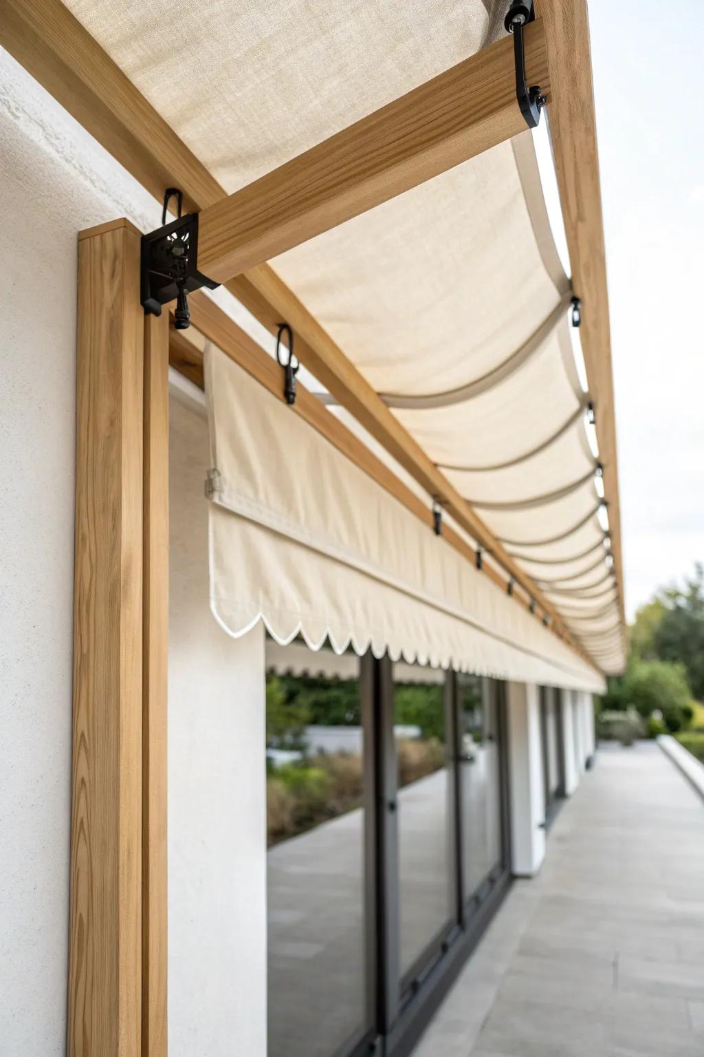 Pergola-style sliding canopy awning for narrow balconies—light, airy shade with clean lines.