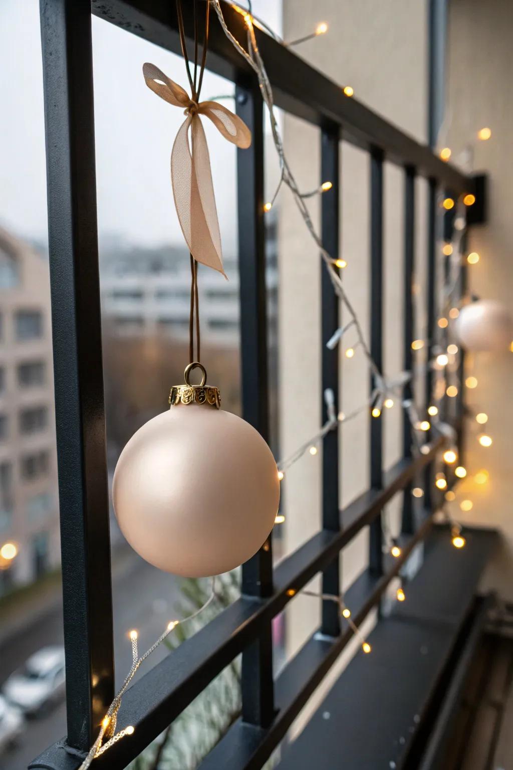 Oversized ornament + pinpoint fairy lights for a balcony glow that reads beautifully from afar.