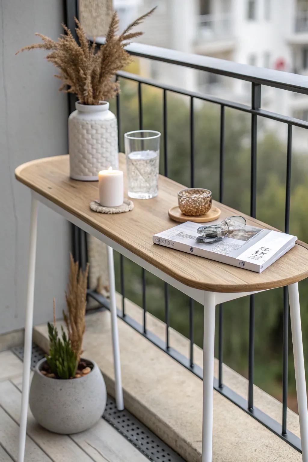 A slim console table behind seating adds a stylish surface without crowding a tiny balcony.