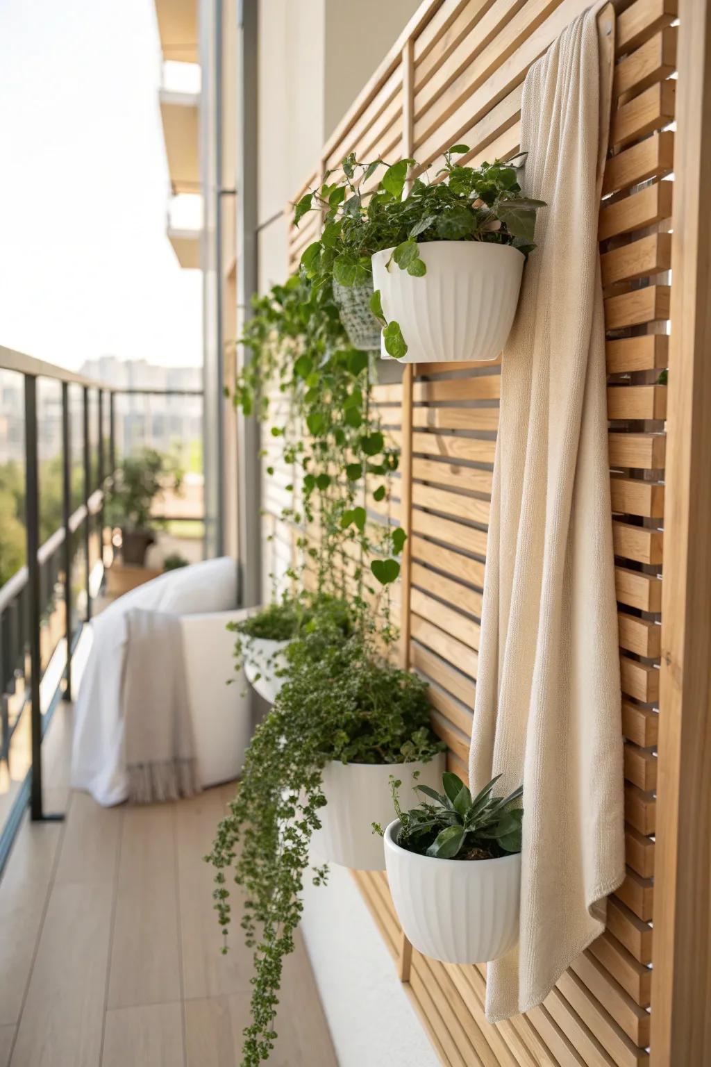 Go vertical: a slim plant wall turns a tiny balcony into a lush green escape—no floor space lost.