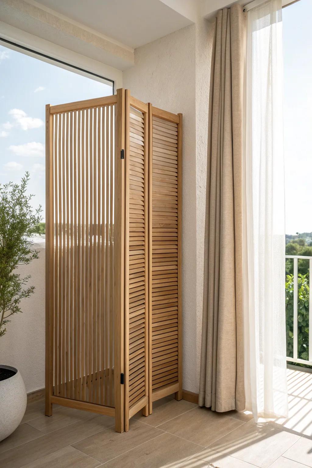 A slim slatted wood screen that adds balcony privacy while keeping light and airflow.