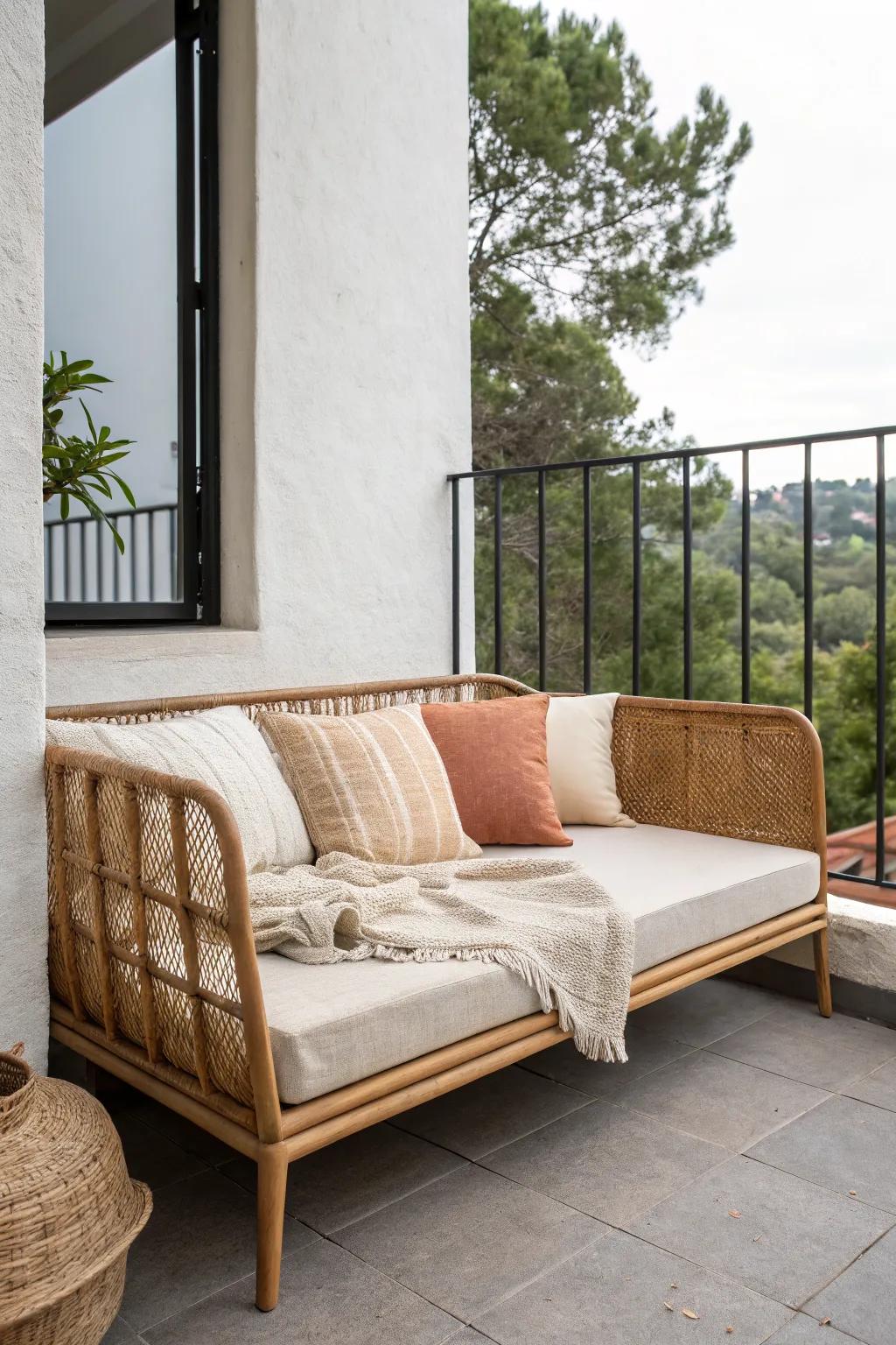 A convertible daybed turns a tiny balcony into a calm, nap-ready outdoor living room.