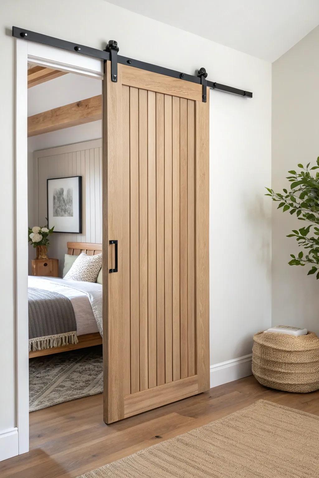 Vertical slat barn door in light oak—modern texture that turns a small closet into a feature wall.