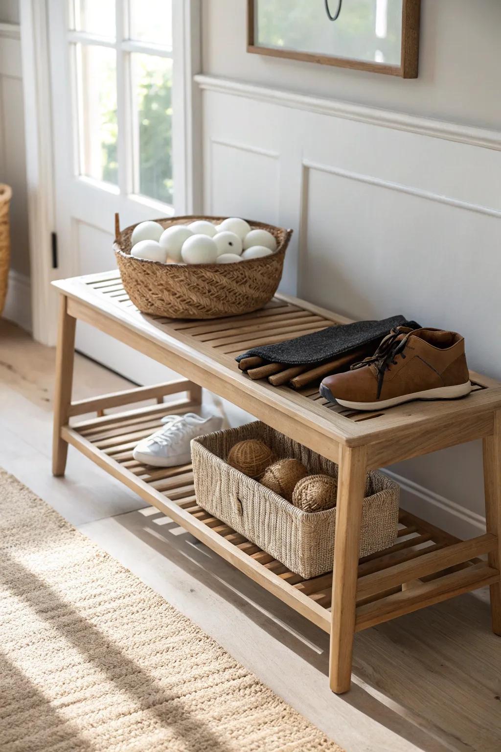 Turn an entry bench into a mini baseball locker—one tidy bin stops mudroom pileups.
