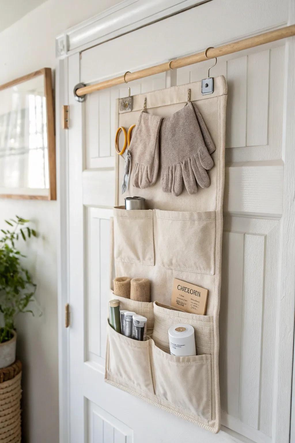 Use the back of the door: a slim over-the-door organizer keeps tiny basement items in place.