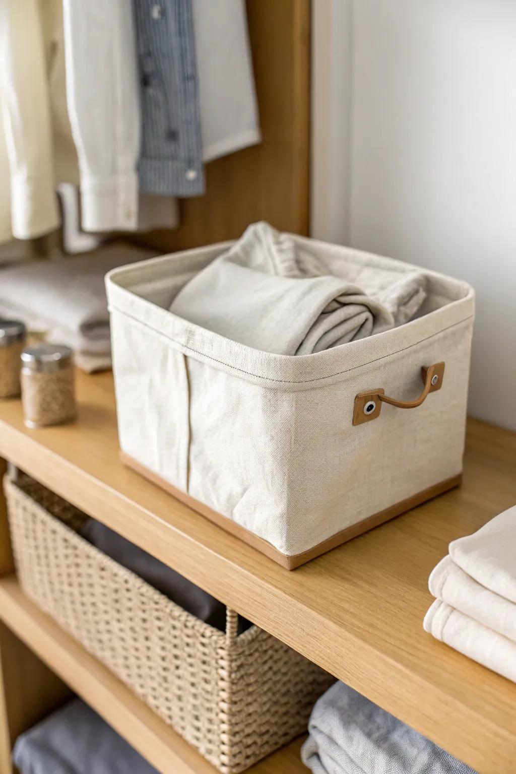 A linen shelf bin with mini dividers keeps swimsuits tidy, hidden, and easy to grab.