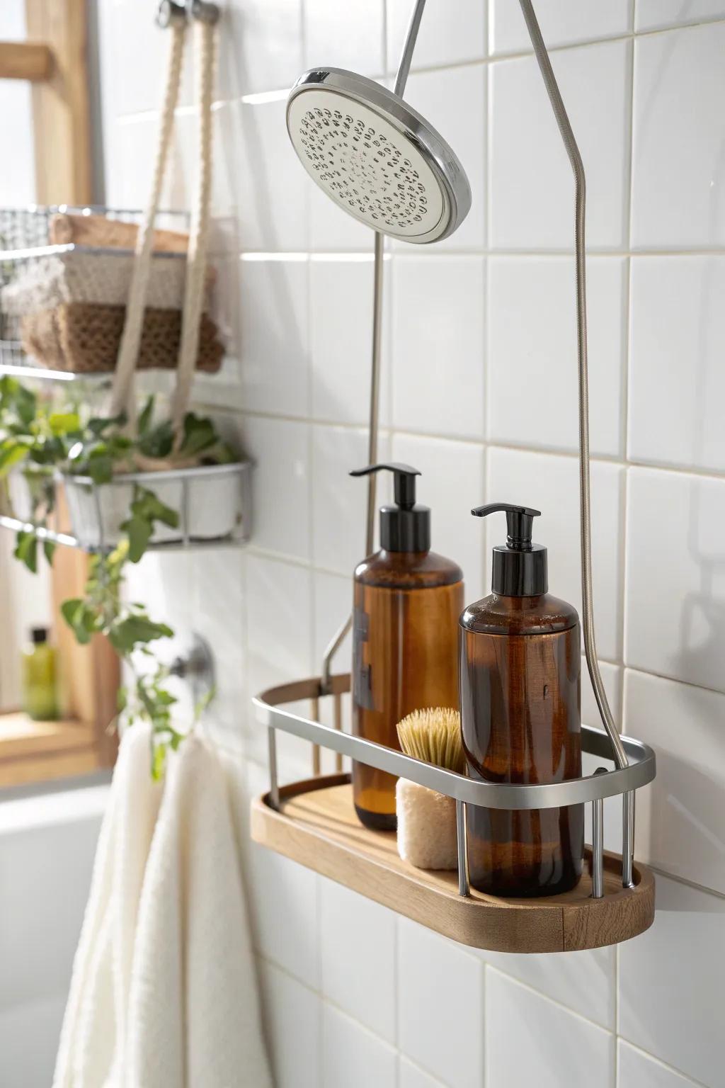 A slim hanging caddy keeps shower essentials off the tub edge—storage without bulk.