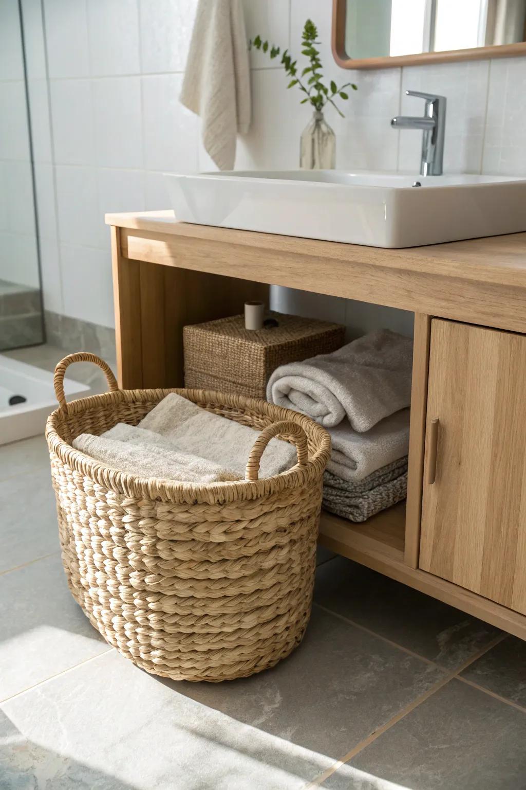 One woven basket under an open vanity makes a small bathroom look finished and intentional.