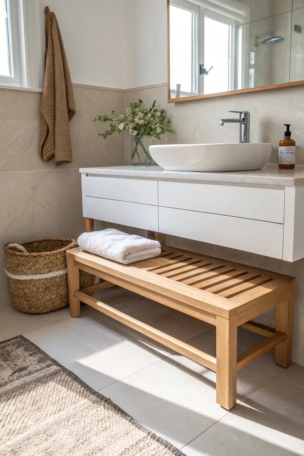 Slim tuck-in oak bench glides under a floating vanity—seat when needed, airy when not.