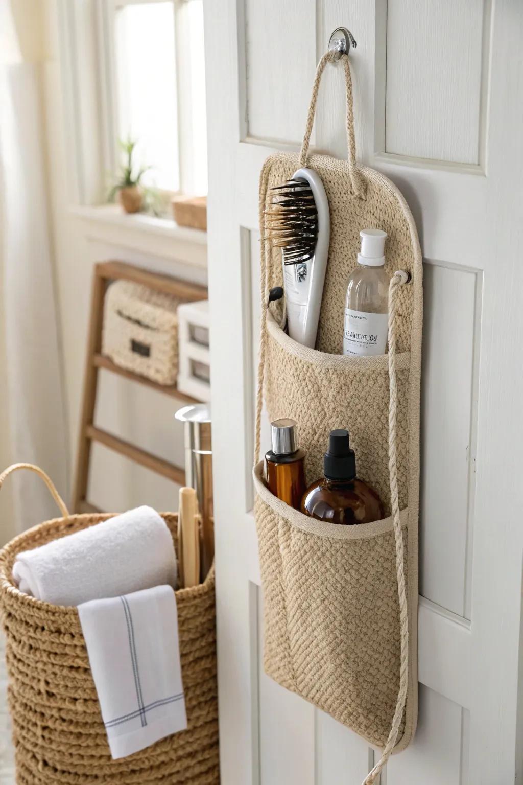 Turn your closet door into hidden storage with a slim organizer for hair tools + toiletries.