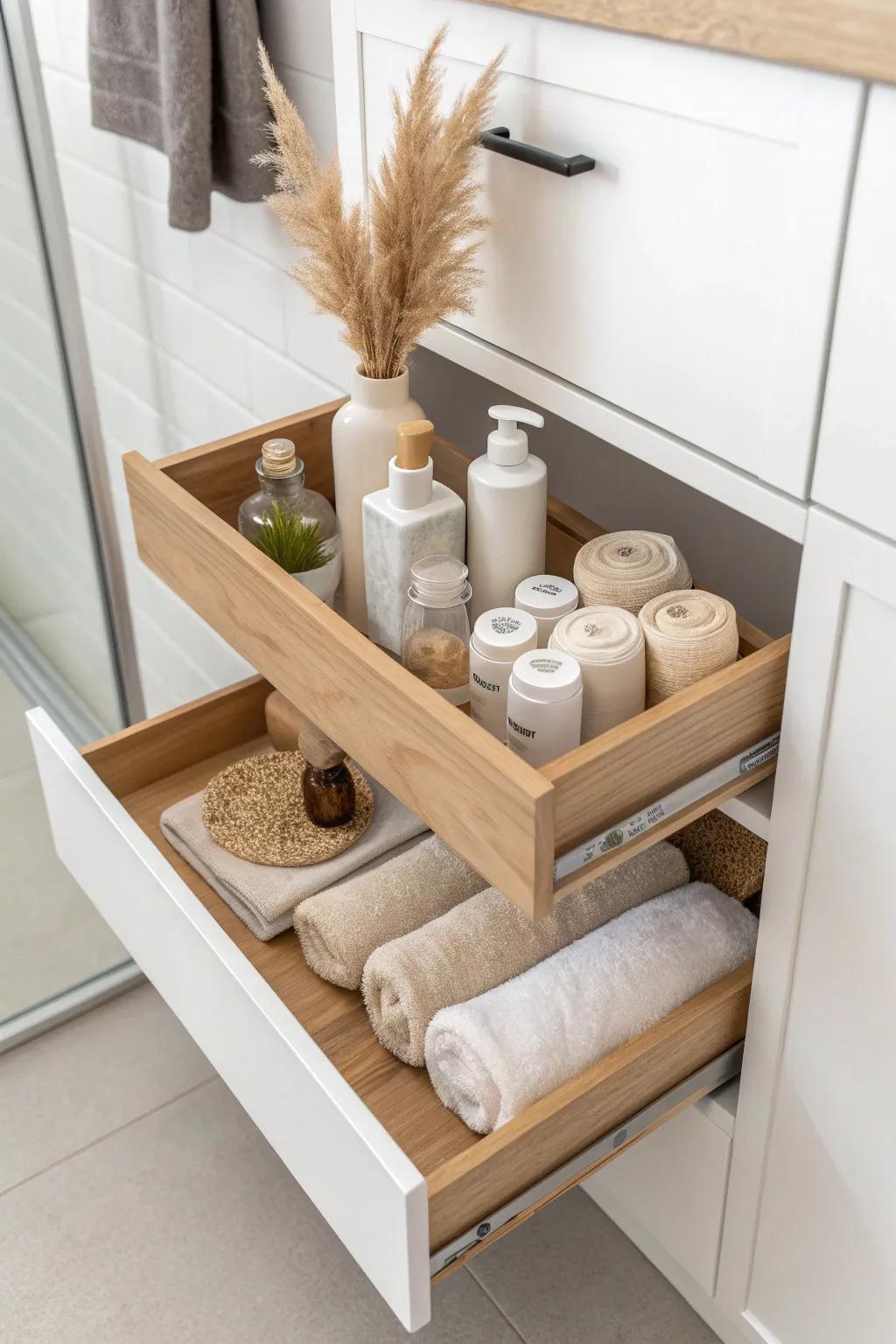 Pull-out trays keep deep bathroom closets tidy—everything visible, nothing lost in the back.