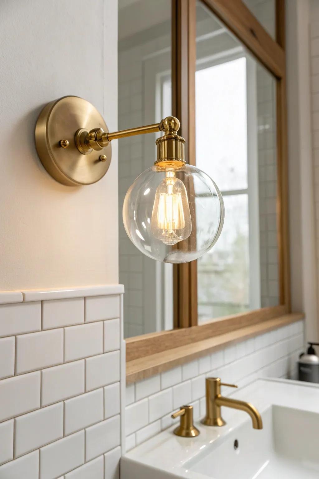 Clear glass globe sconce: brighter light, lighter look—perfect for small, windowless baths.