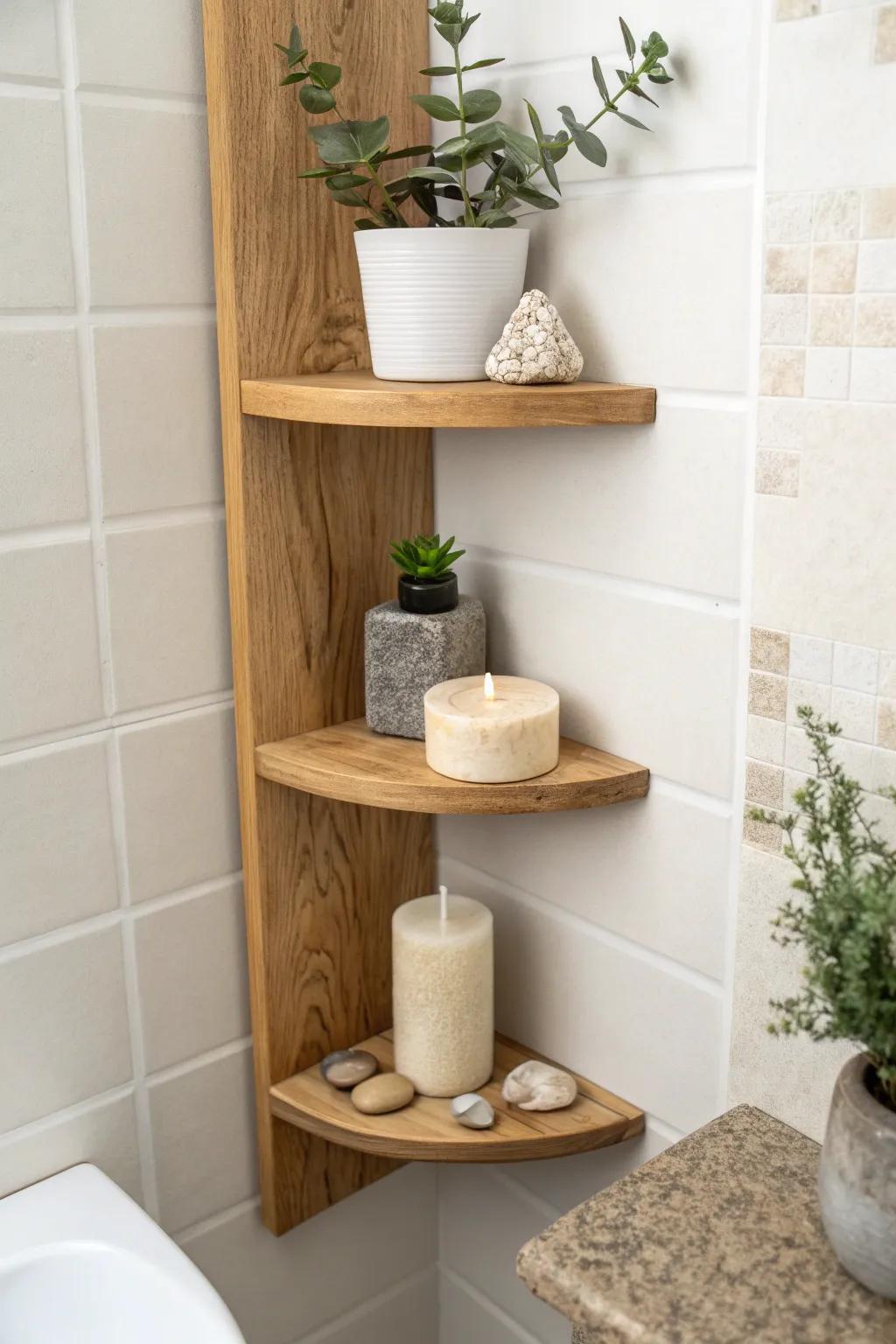 Turn an awkward corner into a calm, functional nook with sleek triangular shelves.