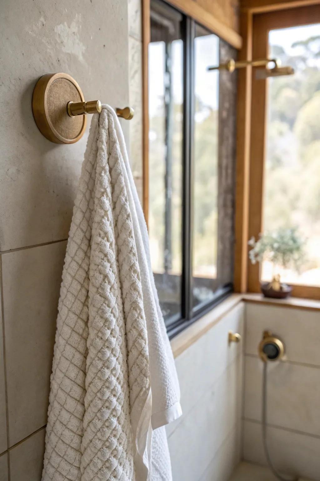 One pretty wall hook by the shower keeps towels off chairs—making a tiny bathroom feel bigger.