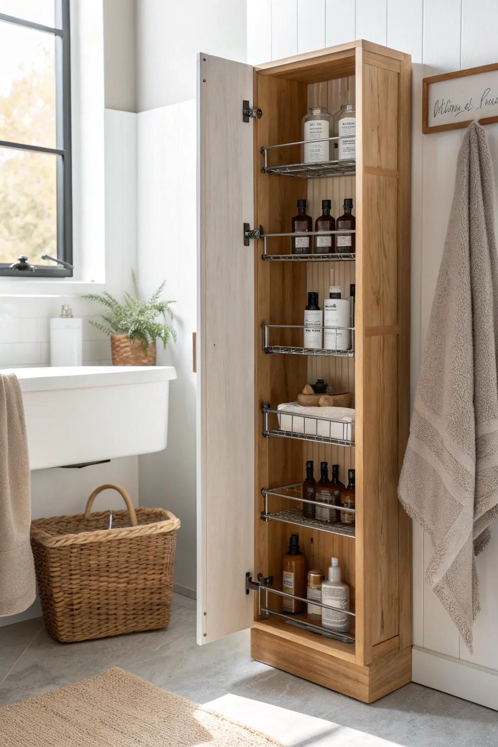 Inside-the-door racks add a hidden extra shelf for lotions and small bottles—no remodel needed.