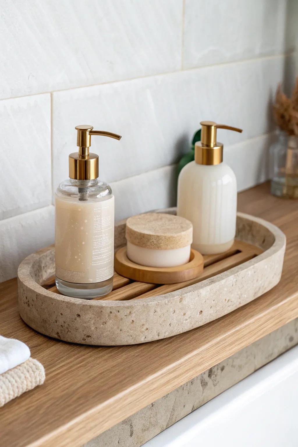 A simple tray instantly makes soap and lotion feel curated—not cluttered—on any shelf.