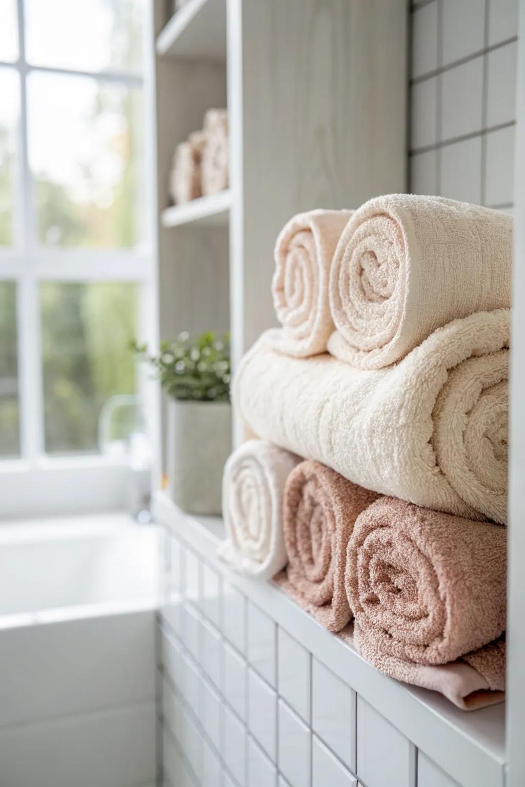 Tight spa rolls stack neatly in tiny cubbies—an easy, elegant fix for awkward shelf heights.