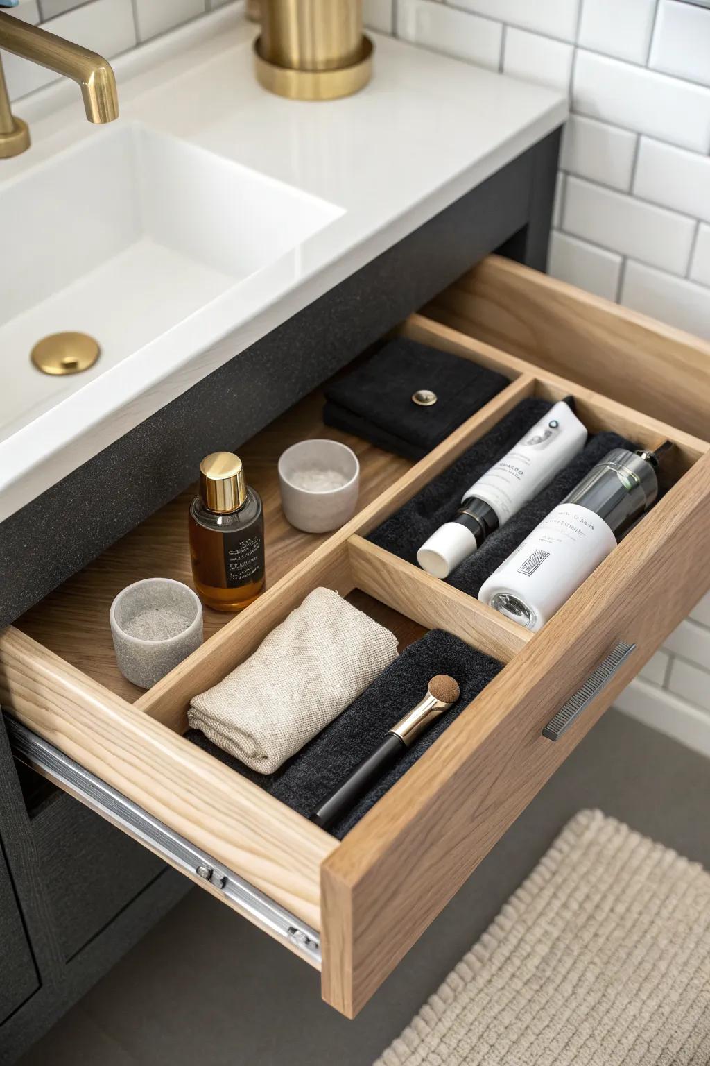 Prime drawer rule: store only daily essentials here—everything else gets demoted and clutter fades.